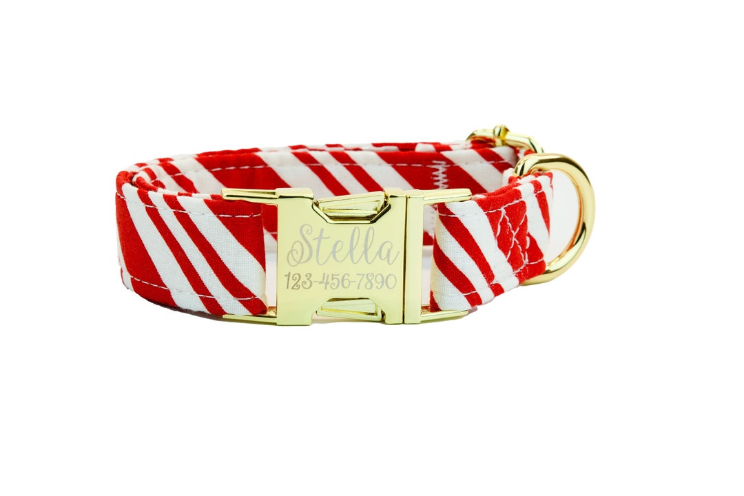 Candy Cane, Christmas Dog Collar W/ Metal Buckle or Plastic, HAND MADE , Custom Engraved