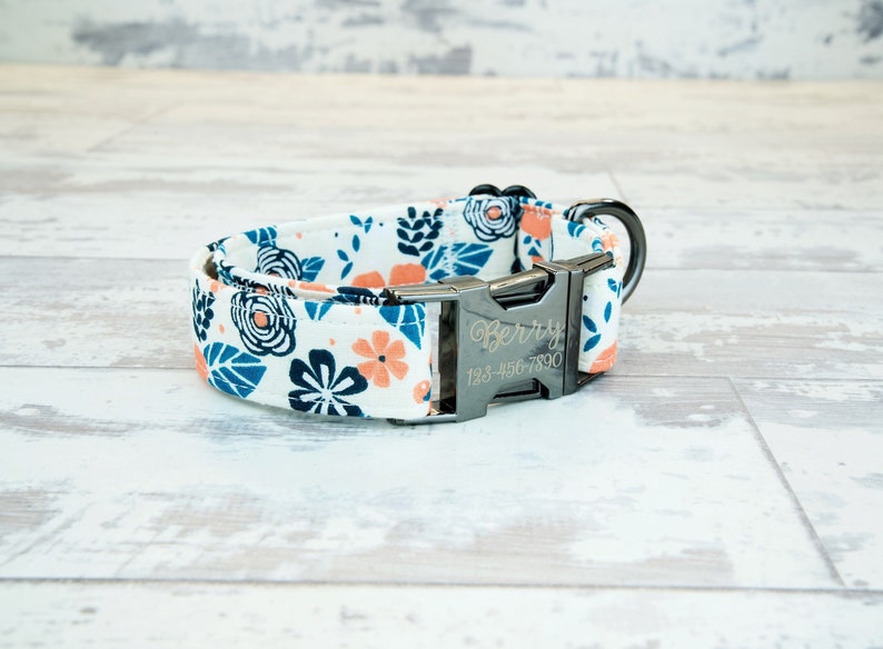 Peach Floral Dog Collar w/ metal buckle, HAND MADE , Custom Engraved Personalized Collar, 1 inch wide, designer collars 