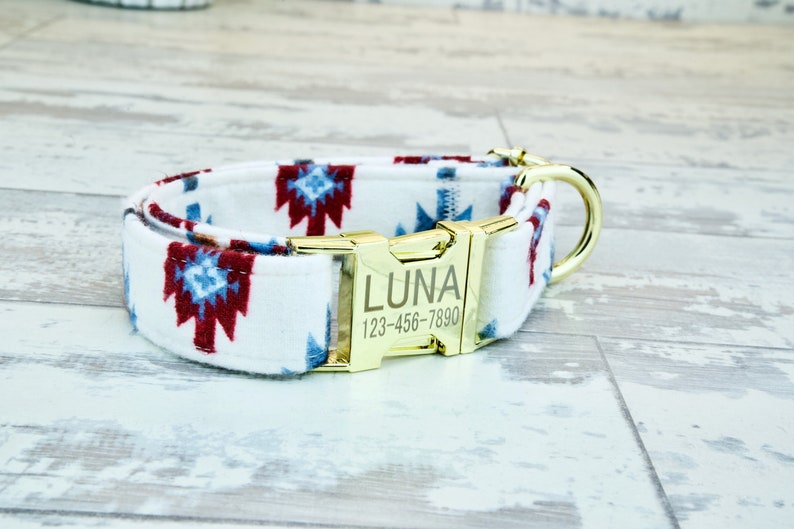 Personalized White Boho Dog collar, Laser Engraved Metal Buckle, Quick Release Buckle, Designer Collars, 1 inch wide image 2