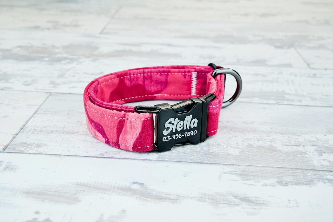 Pink Camo Dog Collar W/ Metal Buckle, HAND MADE , Custom Engraved