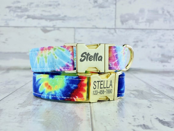 Rainbow Tie Dye Dog Collar | Engraved Dog Buckle | 1 Inch Dog Collar | Custom Name Dog Collar | Puppy Collar | Hippie Dog Collar