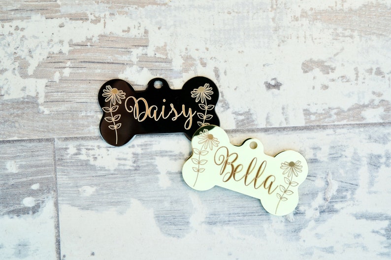 Gold/Gun Black Stainless Steel Dog Tag, Bone Shape, Custom Daisy floral Style ID Tags, Personalized Outdoor Dog Name Tag, Engraved Pet Tag image 1