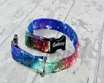 Galaxy Style Dog collar personalized w/ metal buckle, HAND MADE , Custom Engraved, Designer collar, 1 inch wide