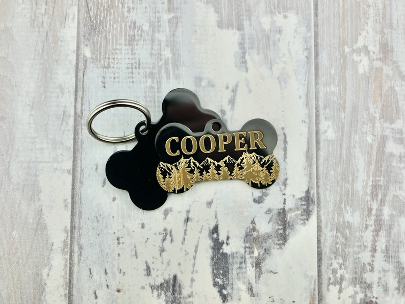 Black or Gold Stainless Steel Dog Tag, Bone Shape, Custom Mountain Style ID Tags, Personalized Outdoor Dog Name Tag, Engraved Pet Tag Black