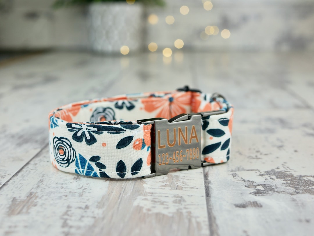 Peach Floral Dog Collar W/ Metal Buckle, HAND MADE , Custom Engraved Personalized Collar, 1 Inch
