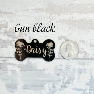 Gold/Gun Black Stainless Steel Dog Tag, Bone Shape, Custom Daisy floral Style ID Tags, Personalized Outdoor Dog Name Tag, Engraved Pet Tag image 2