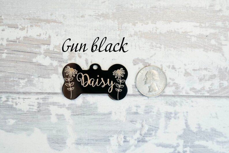 Gold/Gun Black Stainless Steel Dog Tag, Bone Shape, Custom Daisy floral Style ID Tags, Personalized Outdoor Dog Name Tag, Engraved Pet Tag image 2