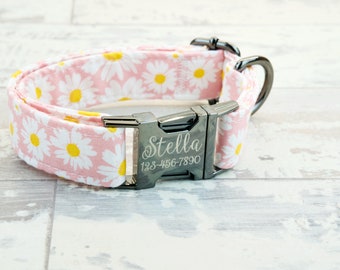 Light pink daisy Floral Dog Collar w/ metal buckle or plastic | HAND MADE | Custom Engraved Personalized Collar | 1 inch wide | collar