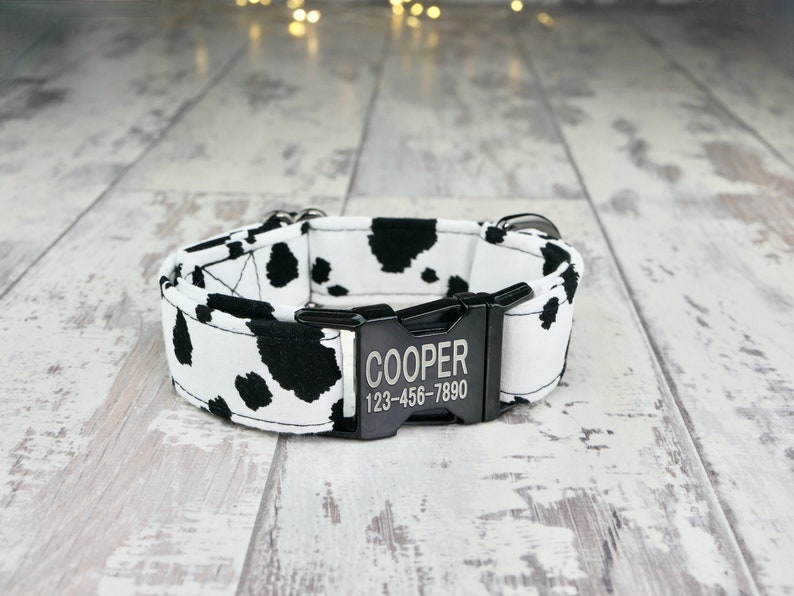 Cow Dog style Dog Collar w/ metal buckle, HAND MADE , Custom Engraved Personalized Collar, 1 inch wide, designer collars 