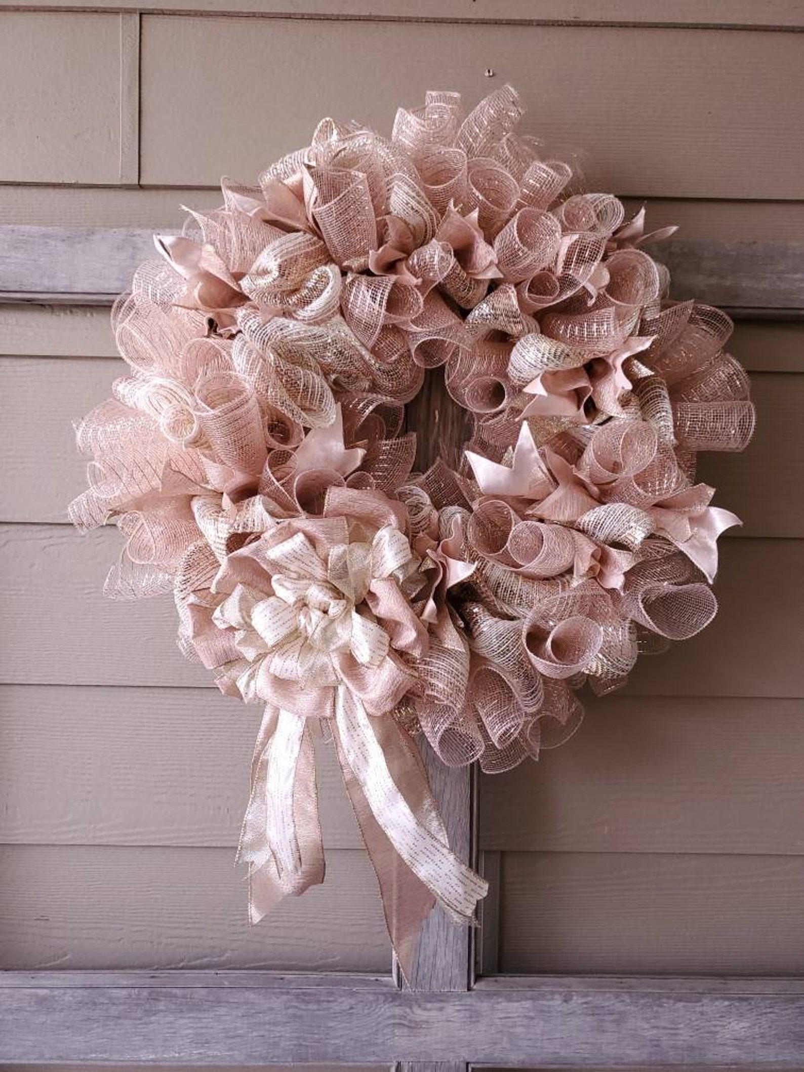 Rose Gold/Pink Deco Mesh Wreath Gold Metallic Etsy