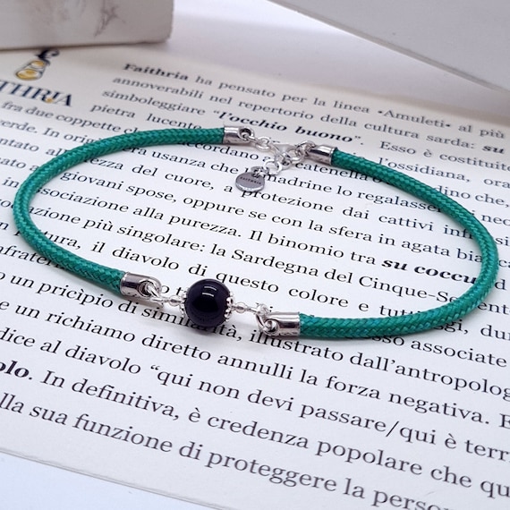 Bracciale Su Coccu In Argento 925‰ – Amuleto Sardo Portafortuna Con Maglia Giunchiglio E Coccu In Ossidiana, Realizzato Artigianalmente In Sardegna
