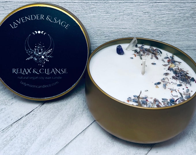 Lavender & Sage Candle,  Healing Stone Crystal Infused Candle,  Amethyst and Quartz,  Meditation Manifestation, Relax Cleanse Soy Wax Candle