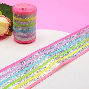 3&quot; Silver Foil Ribbon, Multicolor Stripes Printed Grosgrain Ribbon, Silver Ribbon, Hologram Ribbon for  DIY Hairbows/Crafts (5 YARDS)