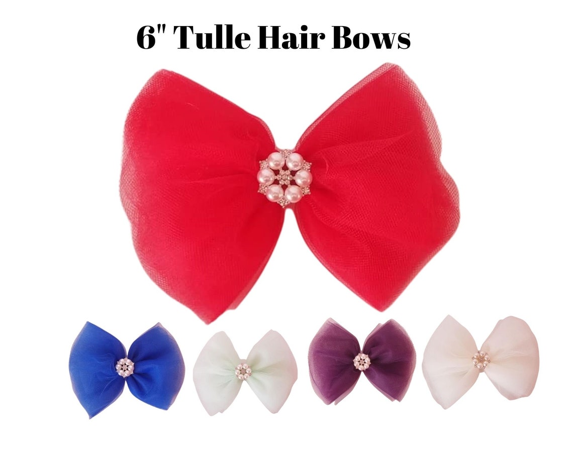 6 Tulle Hair Bows Big Tulle Hair Bow with Rhinestone Etsy