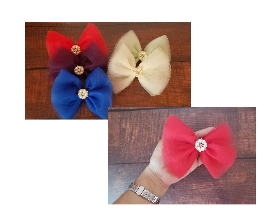 6 Tulle Hair Bows Big Tulle Hair Bow with Rhinestone Etsy
