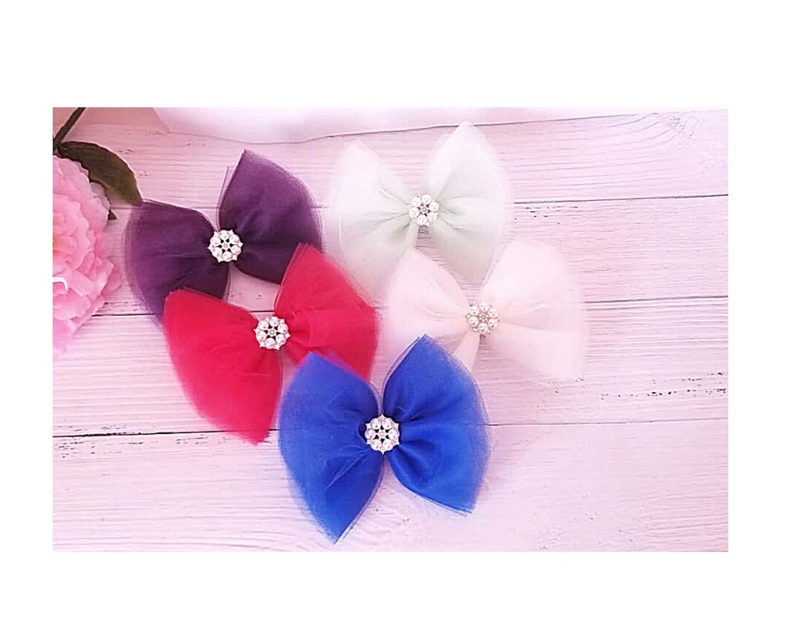 6 Tulle Hair Bows Big Tulle Hair Bow with Rhinestone Etsy