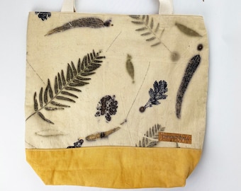 Torba typu totebag z naturalnego barwnika, duża torba z nadrukiem botanicznym, duża torba na ramię z płótna bawełnianego, ekologiczna torebka, torba barwiona ręcznie, nadruk w liście drzew, ekodruk