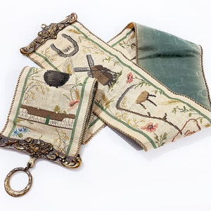 Vintage 54” Bell Pull Needlepoint Tapestry Wall Hanging, 1961 Wall Tapestry Bell Pull with Brass Hardware French Country Cottage Folk Art