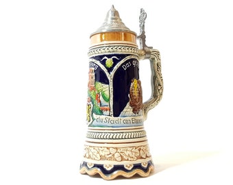 Vintage German Beer Stein with Pewter Lid, Ceramic 'Heidelberg' Relief Beer Mug Pottery with Tin Lid Stoneware Mug Barware Pub Bar Man Cave