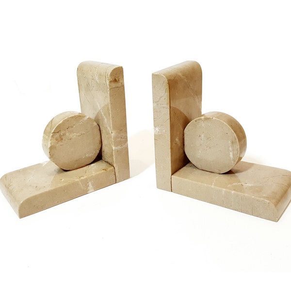 Vintage Art Deco Style Beige Marble Bookshelf Bookends Pair, Mid Century Modern MCM Unique Book Ends, Cubis Geometric Heavy Statues Decor