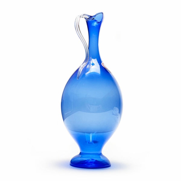 Vintage Lauscha Thuringia Germany Cobalt Blue Art Glass Vase, Mid Century Modern Jug Vase with Handle, Retro Mouth Blown Glass 1960s Design