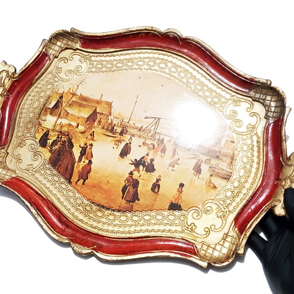XL Vintage Florentine Italy Wood Tray, Red & Gold Italian Wooden Handled Serving Tray Gold Gilded Baroque Rococo Handmade Antique Design