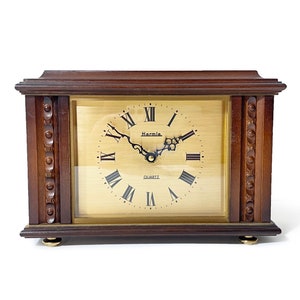 Vintage HERMLE Germany Mantel Clock, Wooden Desk Clock Shelf Table Clock Brass Wood Clock Junghans Quartz Movement 1960s Eclectic Home Decor