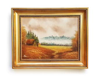 PEINTURE à l’huile dans un cadre doré / huile vintage sur TOILE / Paysage d’automne Arbres Thème d’automne de montagne / Décoration murale d’art signée par l’artiste