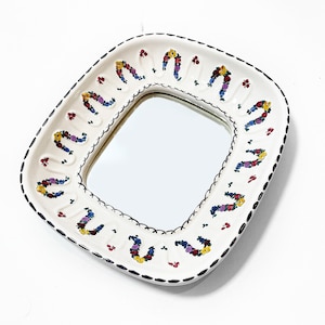 Rare Vintage Wiener Keramik White Ceramic Wall Mirror, Austrian 1950s Small Mirror Farmhouse Mirror Folk Art Wall Hanging Mirror 50s Pottery