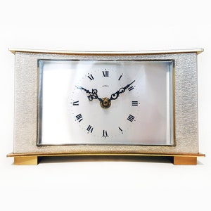 Vintage EMES GERMANY Brass Desk CLOCK, Mid Century Modern Bauhaus Brutalist Design, Junghans Eurochron Movement Table Mantel Shelf 1970s 70s