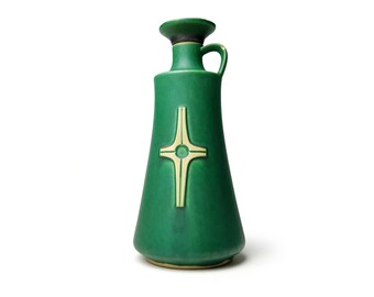 Vintage Green Pottery Decanter, Handled Jug with Stopper, Pottery Bottle Pitcher Mid Century Modern, Ceramic Vase with Handle 1970s 70s MCM