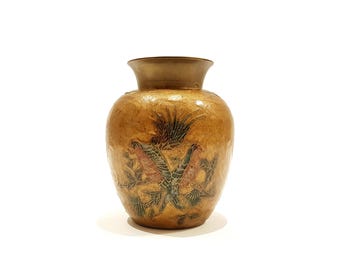 Vintage Brass Vase, Birds and Floral Enamel Paint Design, Vintage Solid Brass Enamel Glaze, Cloisonne Painted Enamel Vase, Asian Home Decor