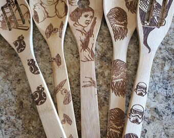 Star Wars Engraved Burned Wooden Spoons Set of 5 - Bamboo Wood Spatula - Housewarming gift sci-fi carved etched
