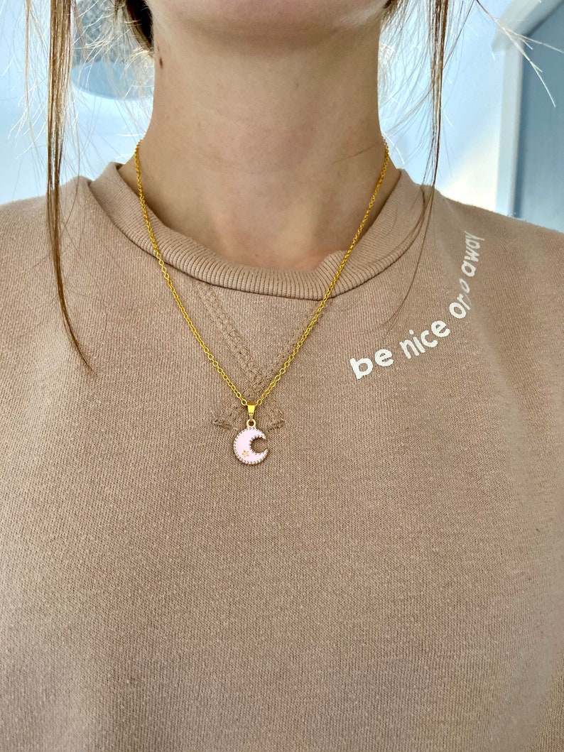 Coloured Crescent Moon /& Star Pendant Necklaces