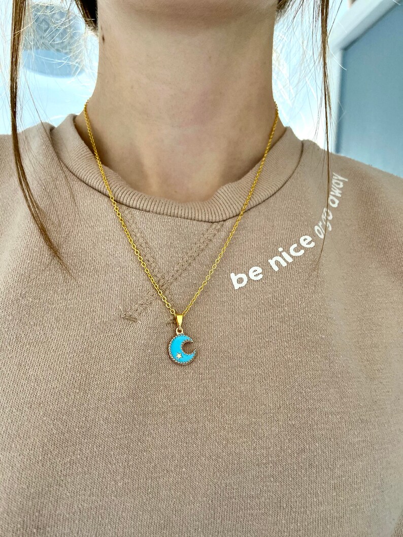 Coloured Crescent Moon /& Star Pendant Necklaces