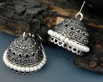 Silver Oxidized Ethnic earrings, Antique cutting with Pearls Jhumki, Unique jewelry,Handmade Earrings,For girls