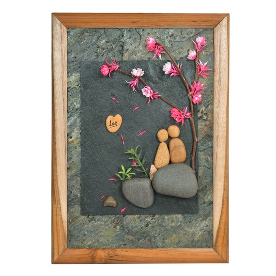 Love in Spring, Framed Rock Art Painting , Craft  for Adults Women And Teens, 2D Rock Wall Art Décor