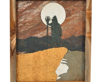 Wandkunst Dekor, Lord Shiva, Kailash Mansarovar auf Himalaya, Gott Shiv in zeitgenössischer Kunst, Handgemachter Stein Mosaik Kunst Wandkunst