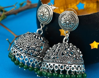 Oxidized German Silver Earrings, Peacock Carving earrings, Green Pearl drops Earrings