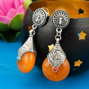 Metal bound stone, Semiprecious stone,  dangles, resin stone drops, earrings, for fashionable women Handmade item