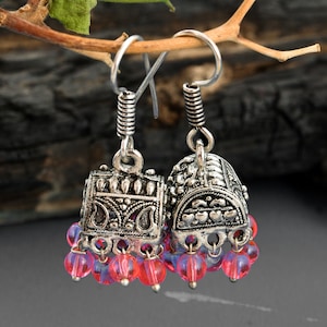 Silver Plated Oxidized Earrings, Pink Beads Jhumka,  Ethnic Handmade Earrings