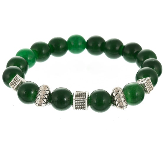 Gracious 10mm Green Marble Beaded Bracelet with Silver Antique Spacers