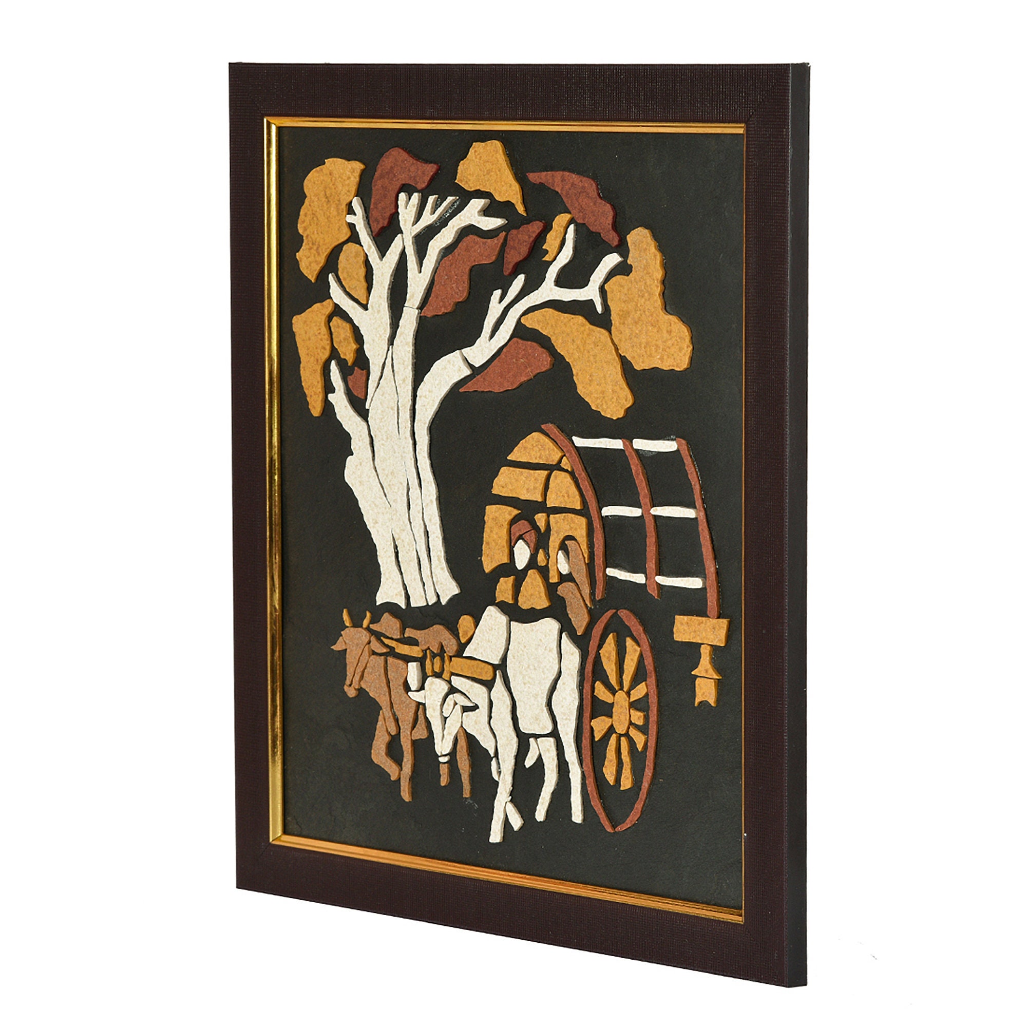 Wanddeko –Dorf- Cart-Szene mit Stein schichtiertem Furnier – Stein Mosaik Kunst Wandkunst 100 % Handarbeit