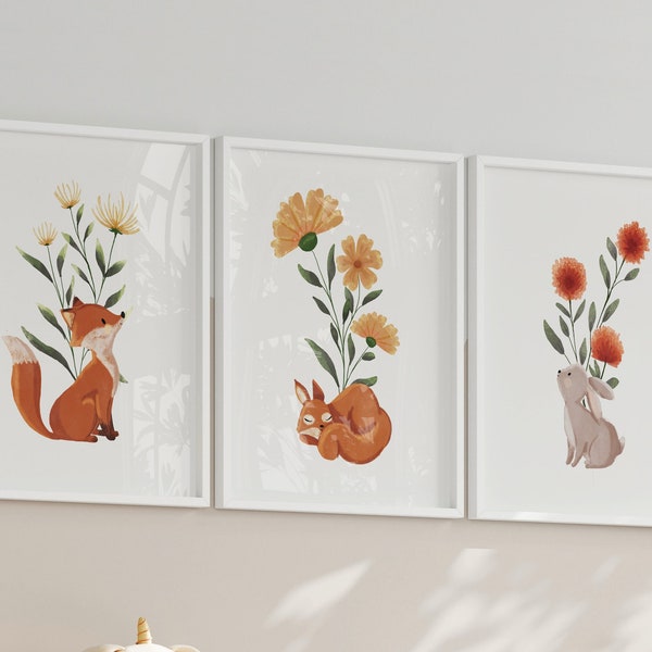 Lot de 3 affiches décoration chambre de bébé - animaux de la forêt