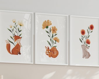 Set of 3 baby room decoration posters - forest animals