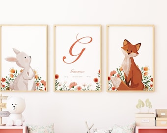 Set of 3 personalized posters baby room decoration - initials and first name - forest animals, fox and rabbit trio - weight height