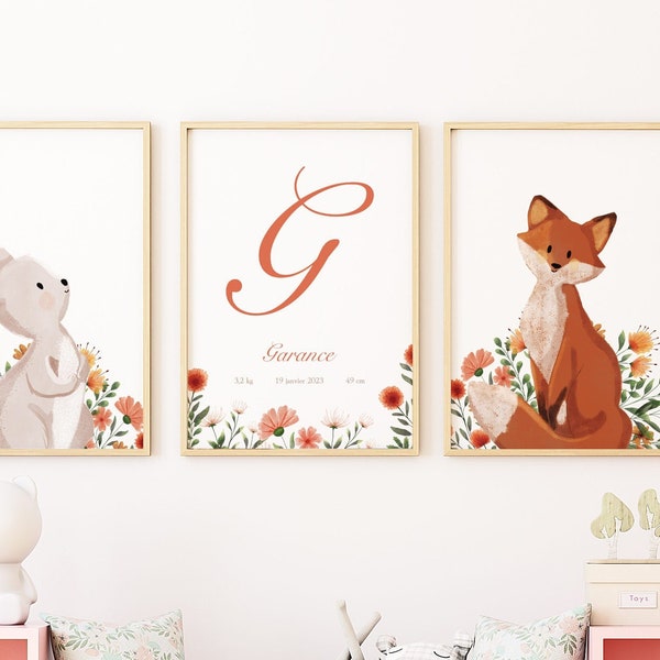 Set of 3 personalized posters baby room decoration - initials and first name - forest animals, fox and rabbit trio - weight height