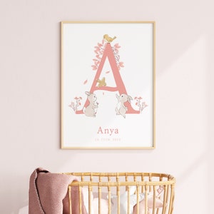 Children's room initials poster - baby / Room decoration illustration / watercolor bunnies and birds