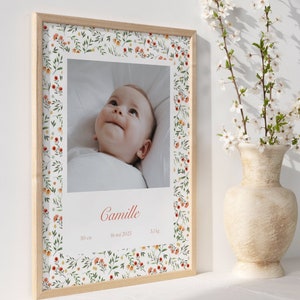 Photo poster floral decoration - customizable name - decoration child&#39;s room, baby - pink, green white - flower patterns, liberty