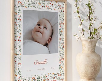 Affiche photo décor fleuri - prénom personnalisable - décoration chambre d’enfant, bébé - rose, vert blanc - motifs fleurs, liberty